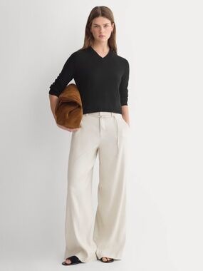 Everlane Wide Leg Belted Pant in Stretch Linen, Birch, 4 regular